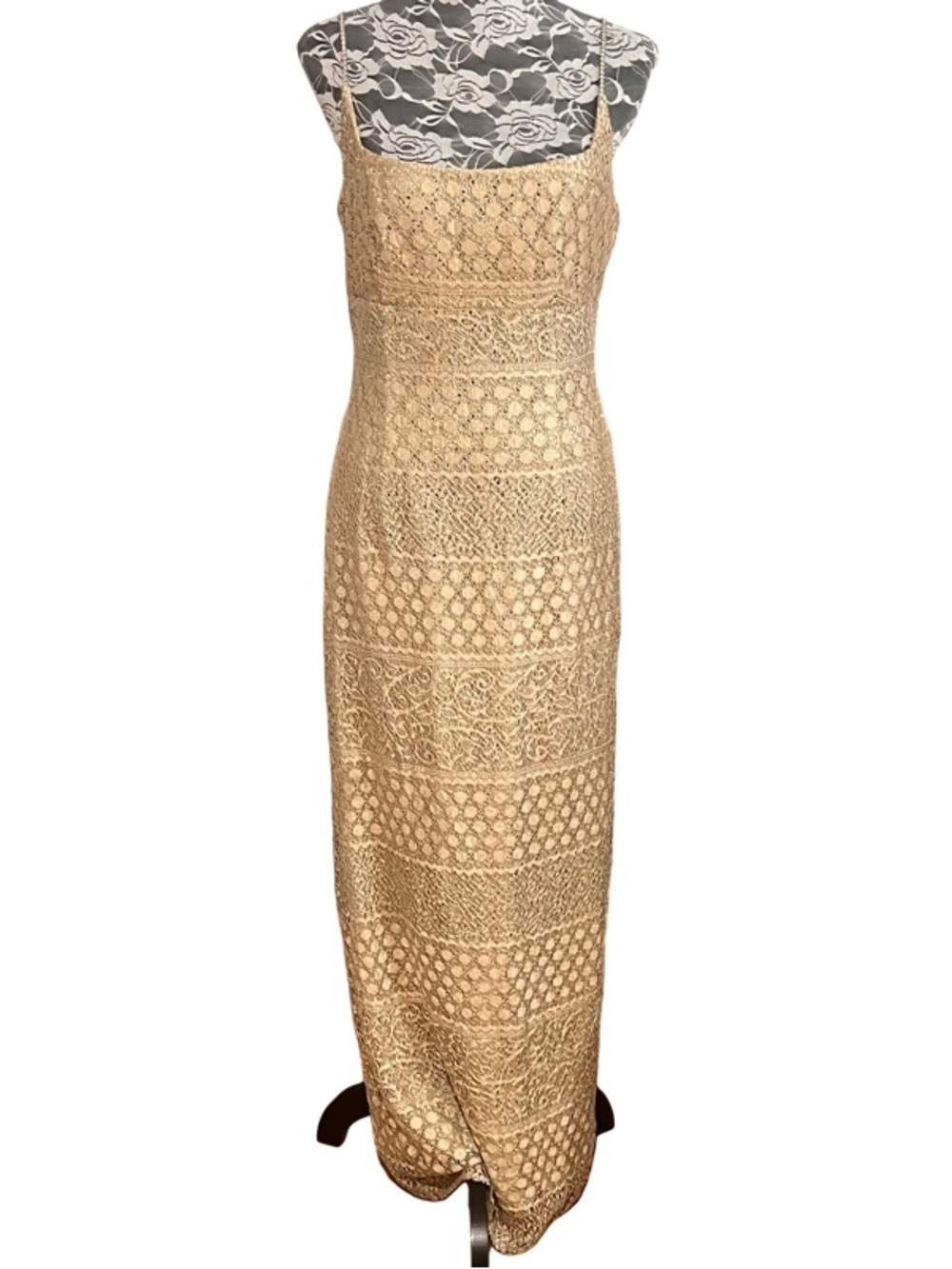 Vintage Gold Lace Maxi Dress with Rhinestone Spaghetti Straps Size 9-10